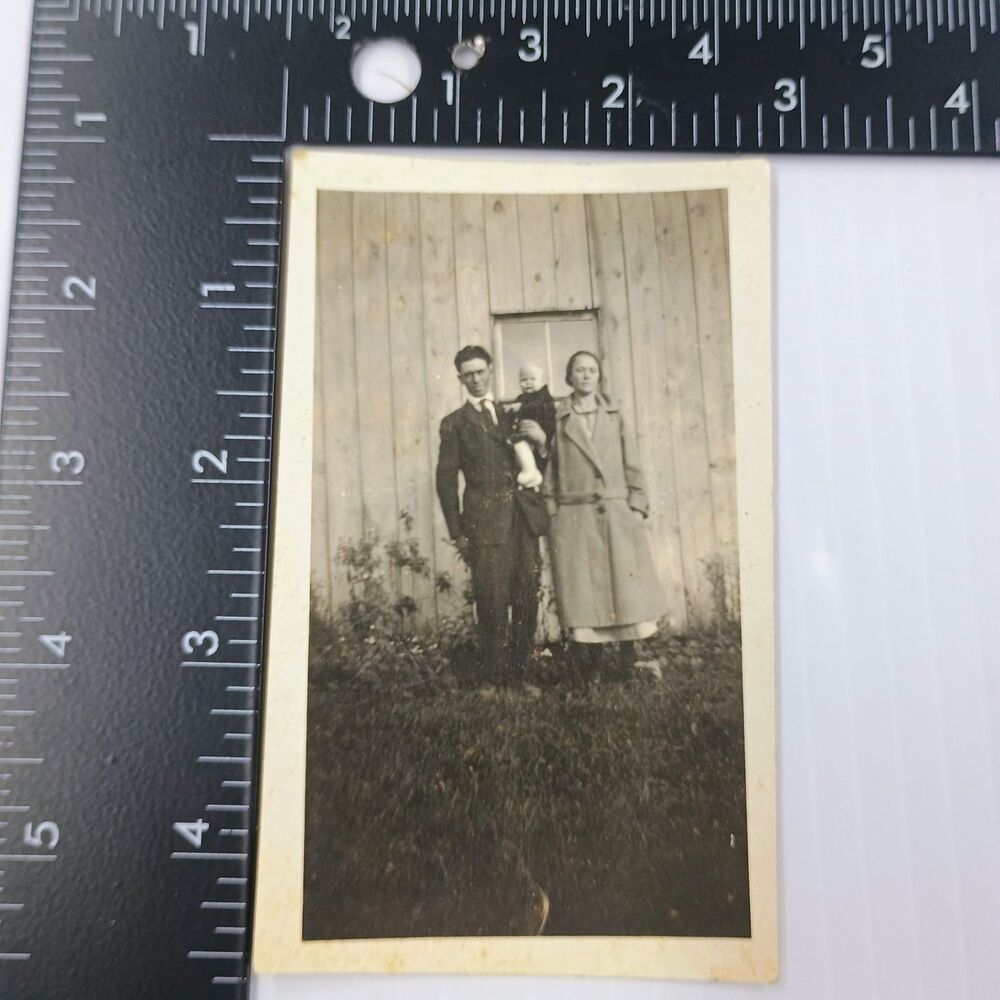 Family Portrait 1930s Snapshot Photograph Man Woman Baby Outdoor Americana